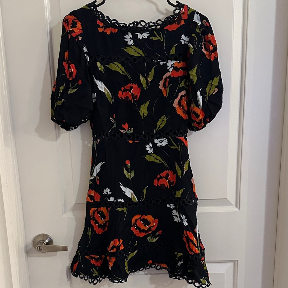 NWT- Olivaceous Black Dress with Red and Green Floral Design